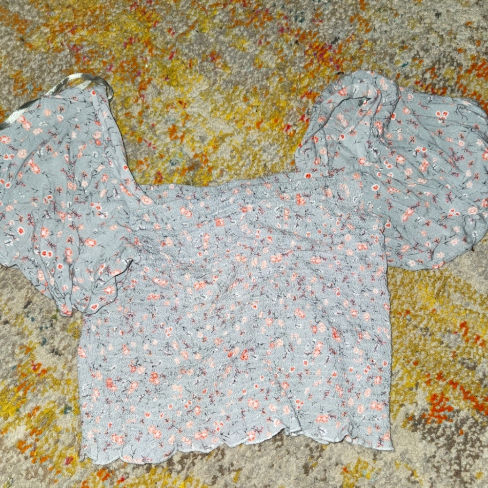 Hand Made Casual Grey/Blue Short Sleeve Blouse Size M